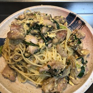 鶏肉と舞茸のニラ卵パスタ^_^